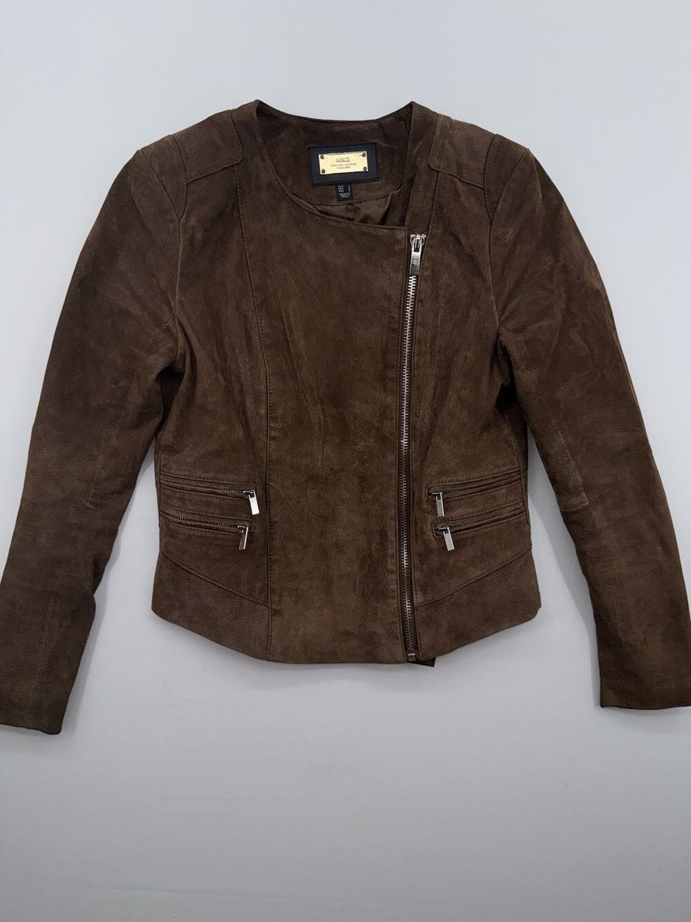 Mango Genuine Leather Moto Brown Jacket women’s sz Large 100% Pigskin Leather
